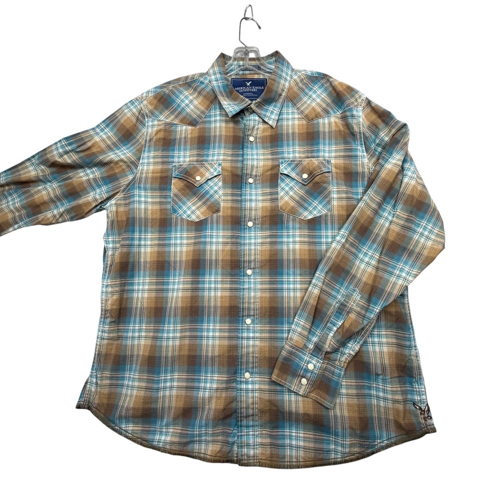 American Eagle Button Down Mens XXL Blue Brown‎ Plaid Western Pearl Snap Shirt